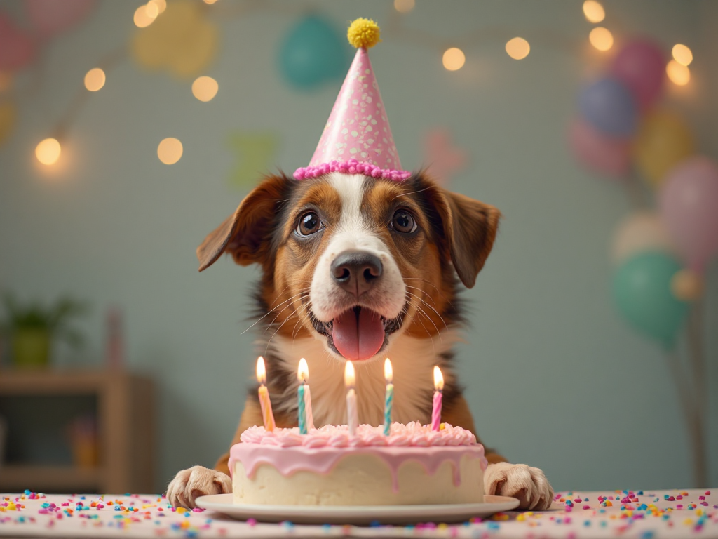 AI generated cute pet dog birthday party celebration with decorations - adorable AI pet art by AI Image Agent